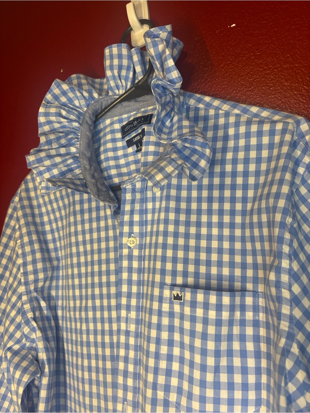 Repurposed/Reloved Crown & Ivy Blue and White Gingham ruffled Collar Shirt